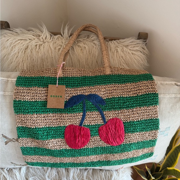 Boden Handbags - Boden Green and Tan Tote with Cherry Motif